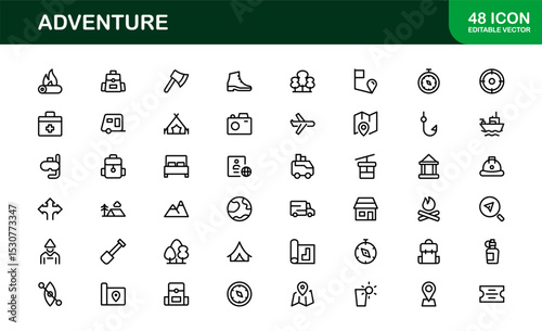 Explore the world with this dynamic Adventure icon set, featuring clean, versatile designs perfect for travel, exploration, and outdoor projects on stock platforms.