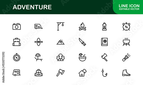 Explore the world with this dynamic Adventure icon set, featuring clean, versatile designs perfect for travel, exploration, and outdoor projects on stock platforms.