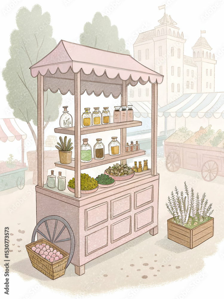 Naklejka premium Pastel apothecary stand with herbs and glass vials