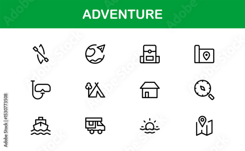 Explore the world with this dynamic Adventure icon set, featuring clean, versatile designs perfect for travel, exploration, and outdoor projects on stock platforms.