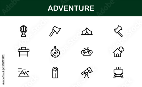 Explore the world with this dynamic Adventure icon set, featuring clean, versatile designs perfect for travel, exploration, and outdoor projects on stock platforms.