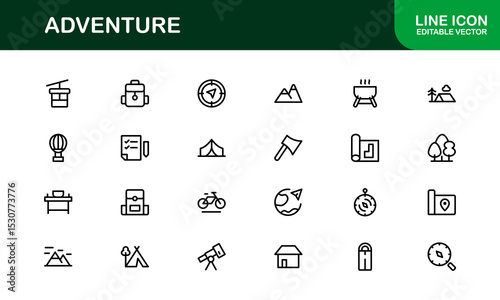 Explore the world with this dynamic Adventure icon set, featuring clean, versatile designs perfect for travel, exploration, and outdoor projects on stock platforms.