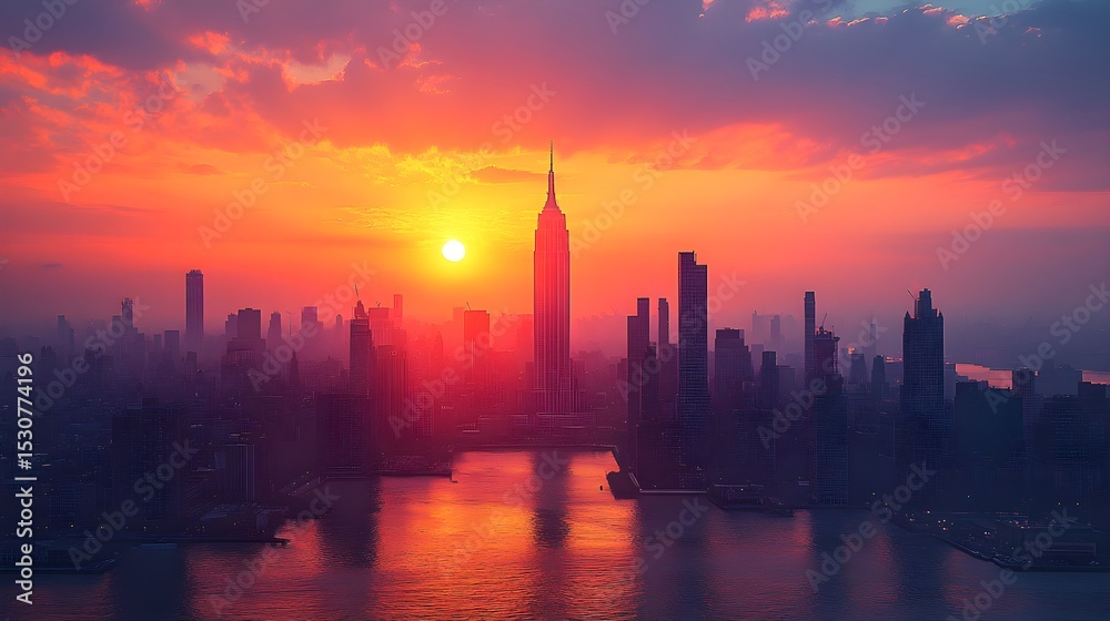 Fototapeta premium the sun sets over the skyline of new york, new yor