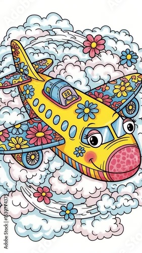 Colorful cartoon airplane with floral design soaring clouds