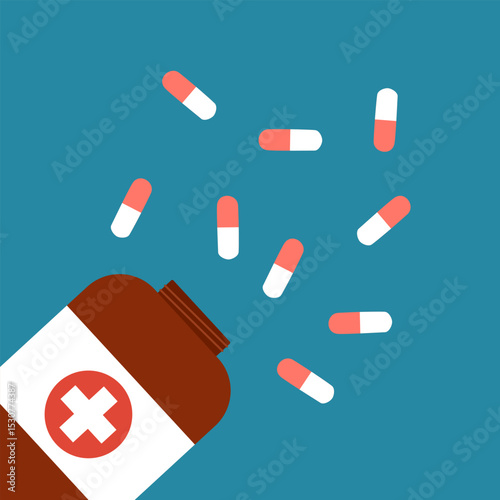 Capsules, blisters and glass bottles with medicine vector illustration. Plastic tubes with caps and pills flat style design. Drug medication and healthcare concept.