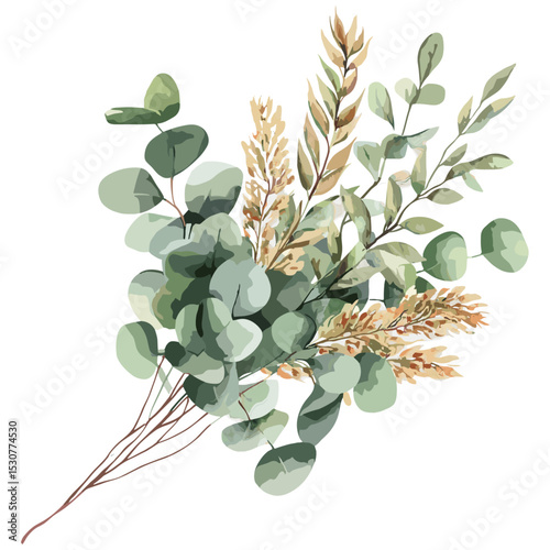 Floral watercolor bouquet with eucalyptus and autumn leaves, summer background for greeting card, birthday or wedding invitation, vector illustration, boho botanical clipart, transparent background.