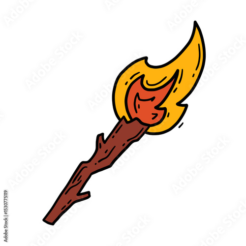 Vector linear hand drawn icon of a burning wooden torch in doodle style.