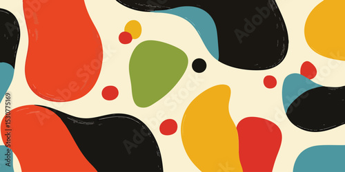 Abstract organic shapes in a variety of vibrant colors against a cream background