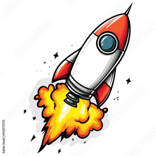 Rocket. Space rocket launch. Project start up. Flying cartoon rocket. Vector illustration isolated on white background