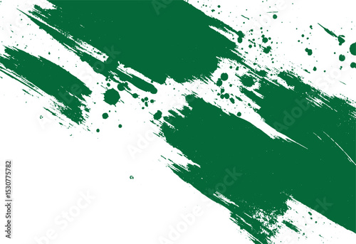 Abstract grunge style green paint brush strokes and splatters on white background for modern design