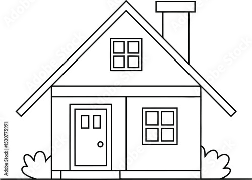 A simple and charming line art illustration of a house, complete with windows, a door, and surrounding greenery. This design is perfect for educational materials, children's projects, or home-related 