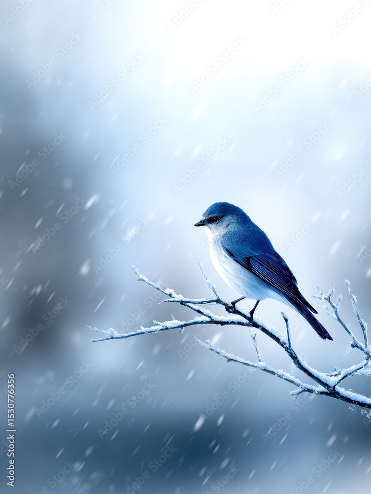 Fototapeta premium A solitary bluebird perched on a snowy branch amidst a serene winter landscape