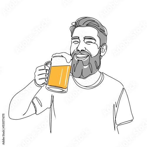 Smiling bearded man drinking beer, cartoon line style with color accent