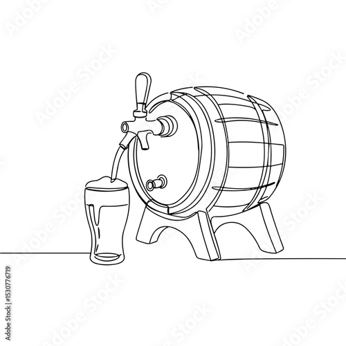 One line drawing of beer keg pouring into pint glass, minimal brewery scene