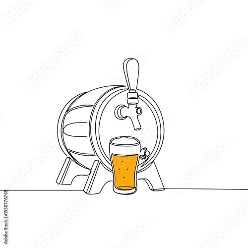 Minimal line drawing of beer barrel with tap and full pint glass in front