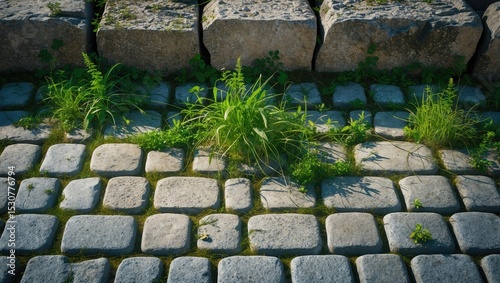 Close-up of cobblestone pavers and weeds, highlighting texture and natural elements. Urban surface with natural intrusion.
