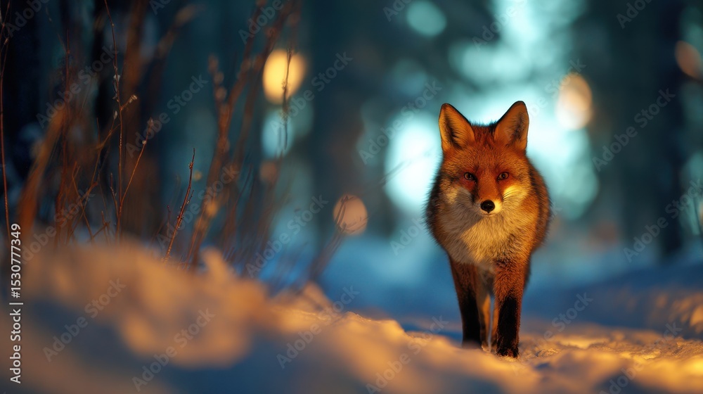Fototapeta premium A solitary fox walking through a snowy forest at dusk, illuminated by soft, glowing lights