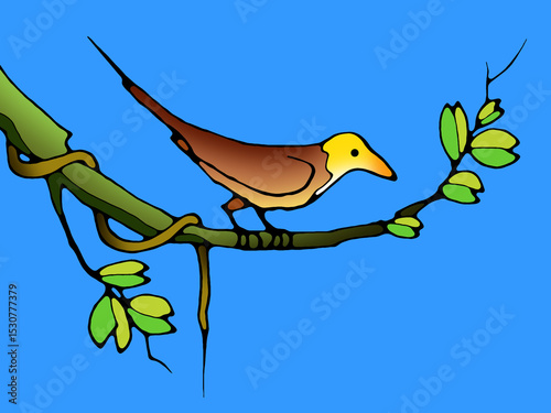 Illustration of a bird perched on the tree