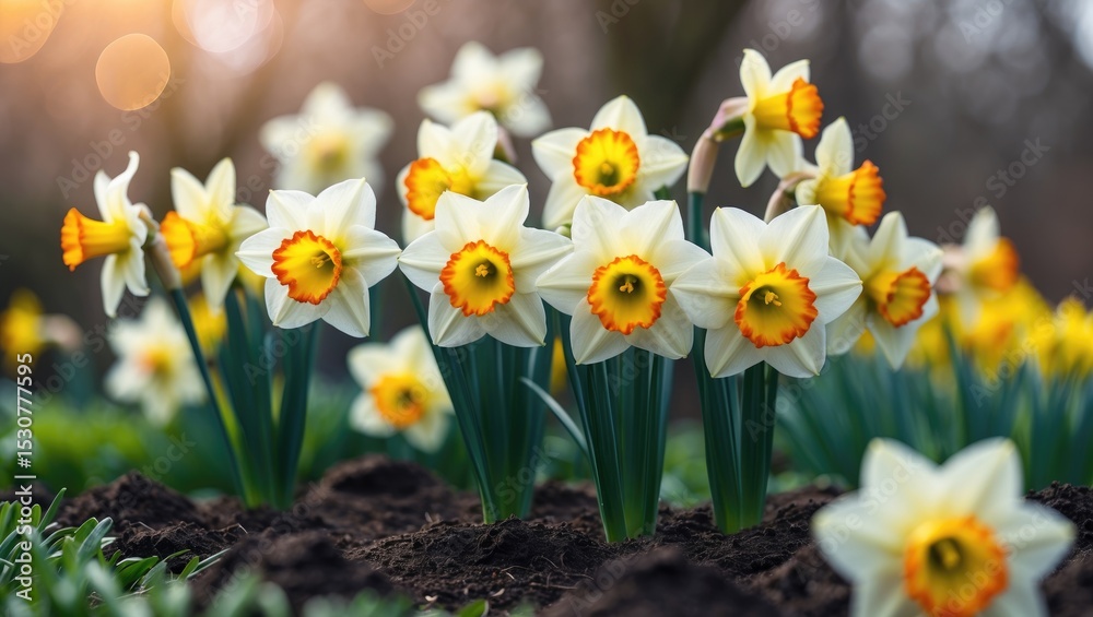 Obraz premium Blooming daffodils with vibrant yellow petals and green stems, fully bloomed and set among fresh greenery and soil.