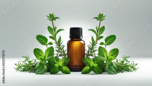Bottle of essential oil with fresh herbal sage, rosemary, thyme, lemon balm spearmint and peppermint arranged in a flat lay on white background