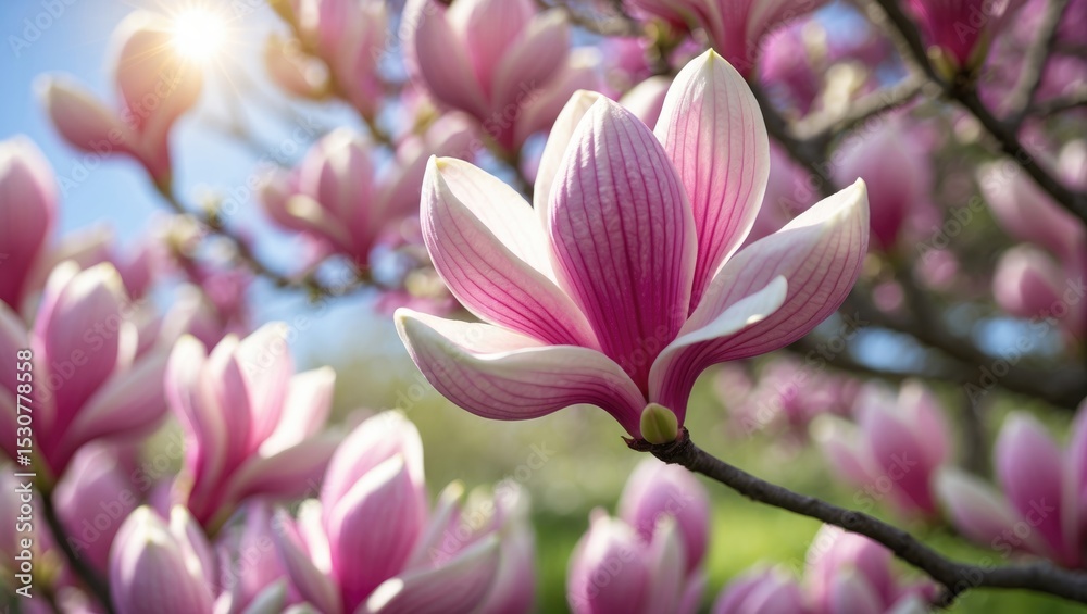Obraz premium Blooming magnolia tree in Prague, with vibrant flowers forming a tranquil and scenic spring landscape