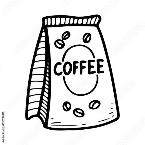 Coffee beans bag. Hand drawn doodle vector. Vacuum packaging. Ingredient for brewing a drink. Cafe menu. Beverage espresso, latte, cappuccino. Buy in store. Illustration line art element.