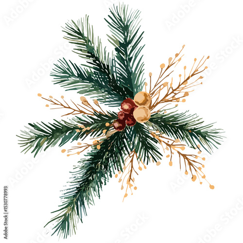 Holiday bouquet of fir branches, Christmas floral arrangement, wedding invitation card, birthday celebration, watercolor art, festive greenery, vector illustration.