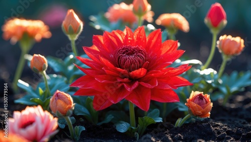 Close-up of a vivid red dahlia in full bloom, encircled by lush green leaves and supplementary budding flowers in a sunlit garden.