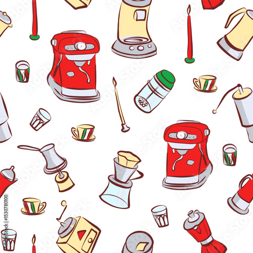 Coffee seamless pattern. Coffee machine, coffee grinder, Turkish coffee, milk frother, filter coffee, French press. Line art. Hand drawn vector clip art.