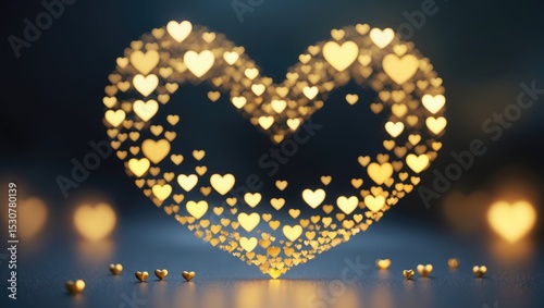 Blurred background with heart-shaped bokeh, featuring gold hearts bokeh as a backdrop. Valentine's Day theme.