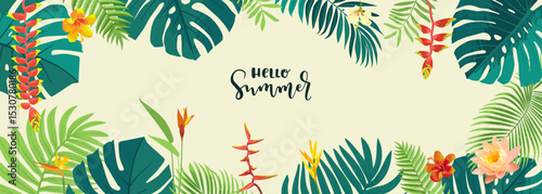 Vector Hello Summer tropical jungle horizontal, banner template. Calligraphic summer design. Monstera, hibiscus, bird of paradise flowers, tropical plants. Summertime aloha illustration