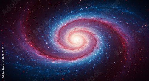 Stunning Spiral Galaxy: Cosmic Swirl of Red and Blue Nebulae, Celestial Dance of Stars and Stardust, Galactic Core Brilliance, Deep Space Exploration Background, Universe's Majesty