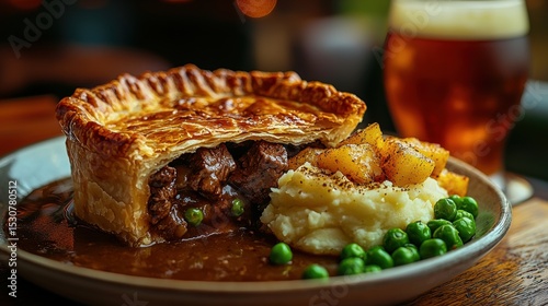 Beef Pie with Golden Crust Gravy and Mashed Potatoes Garnished with Green Peas Served Beside Fresh Beer on Wooden Table