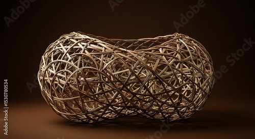 Abstract Brown Woven Sphere: Intricate Knotted Rattan Structure, Contemporary Art, Modern Design