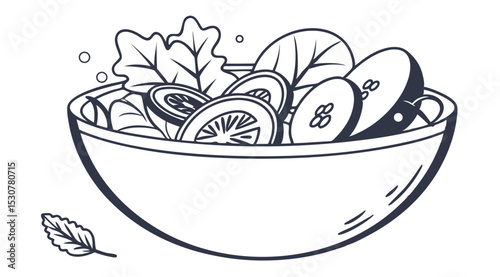 Minimalist Salad Bowl Illustration – Line Art of Sliced Vegetables in Bowl