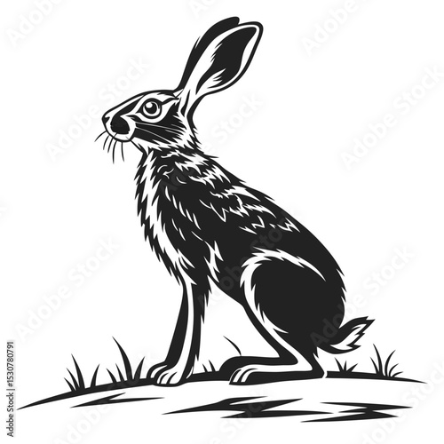 Elegant silhouette shows a sitting hare with long ears, resting on some grass