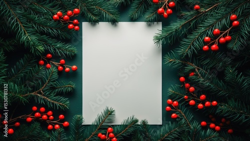 Christmas card background featuring a paper notice sheet with space for text, adorned with a decorative frame of fir branches and holly berries. Flat lay, top view.