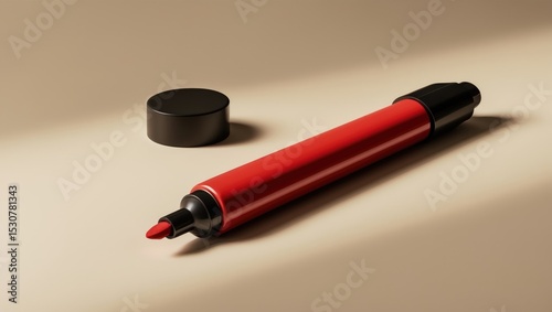 Bright red marker placed on a beige background, flat lay. Area designated for text.