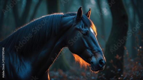 Closeup portrait of a black horse in the dark.