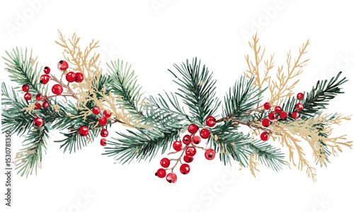 New Year invite card, Christmas greenery, Fir branches and red berries, Holiday card, festive border design, winter holiday theme, seasonal greetings, vector illustration.