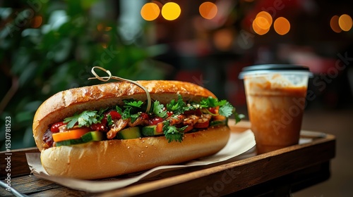 Close Up Banh Mi Sandwich with Fresh Vegetables and Iced Coffee on Wooden Tray with Blurred Restaurant Backdrop