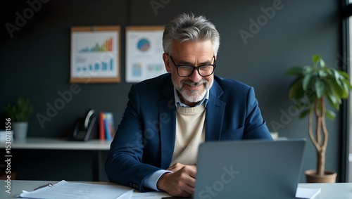 Smiling Mature Businessman Working on Laptop in Modern Office  Analyzing Data Charts and Financial Reports  Achieving Success