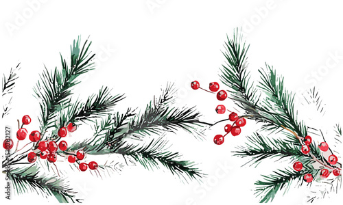 Christmas border, fir branches and red berries, holiday card, New Year invite card, Christmas greenery, vector illustration, festive design, seasonal decoration, winter celebration.