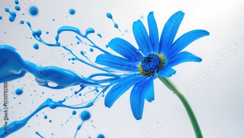 Blue flower on white background with liquid splashes, artistic depiction with vibrant elements. photo