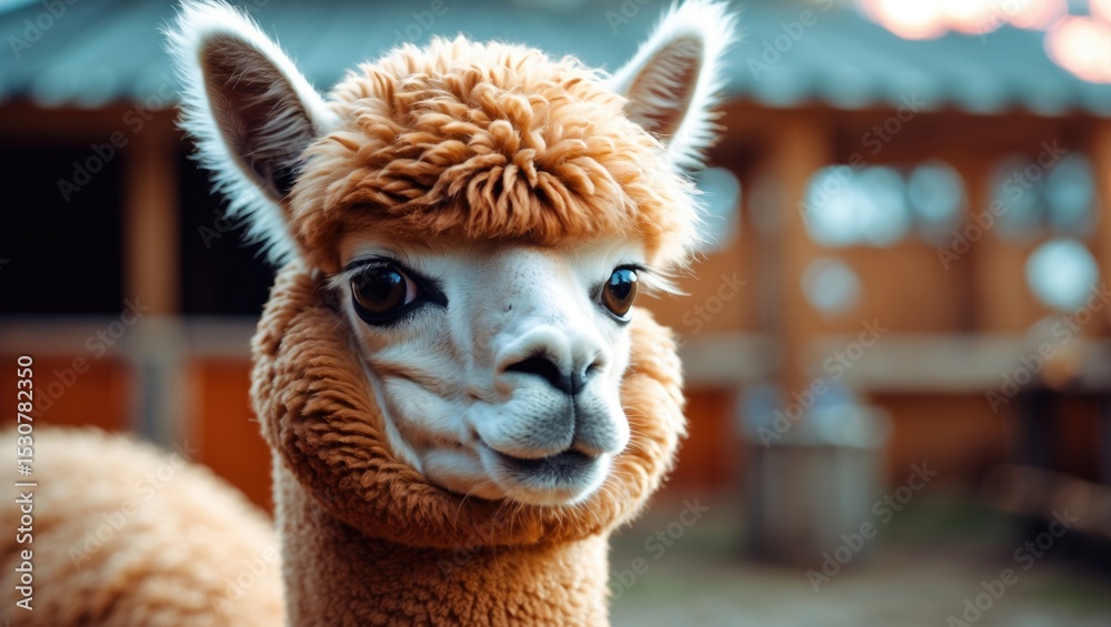 Fototapeta premium A striking close-up shot of a fluffy alpaca, highlighting its adorable face and soft fur. This portrait emphasizes the gentle nature of the animal, showcasing its prominent nose and quirky teeth.