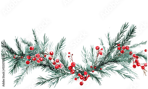 Holiday card, Christmas greenery, fir branches and red berries, Christmas border, New Year invite card, vector illustration, winter holiday decor, seasonal celebration, festive greeting.