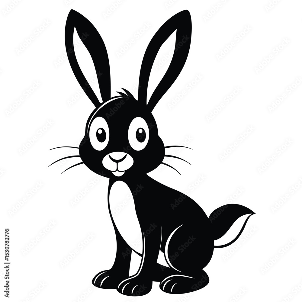 Obraz premium Black rabbit sits with long ears and whiskers looking forward in minimalist style
