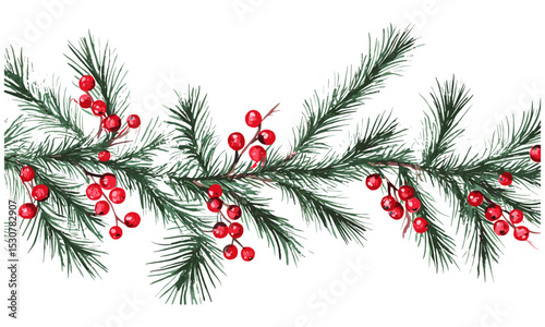 New Year invite card, Christmas border, fir branches and red berries, holiday card, Christmas greenery, vector illustration, winter festivity, seasonal wreath design, festive celebration.