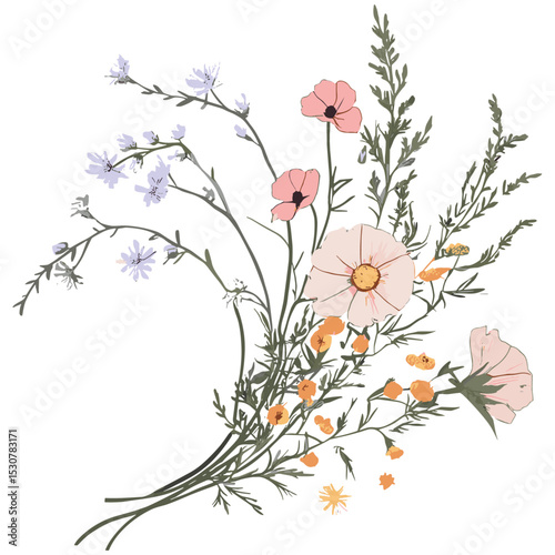 Colorful wildflowers bouquet, hand drawn, vector illustration, isolated on white background, greeting card, wedding invitation, spring flowers, floral arrangement, nature art.