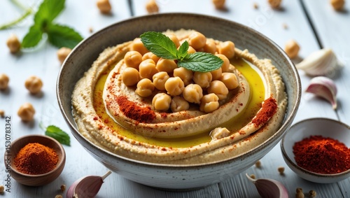 Bowl of homemade hummus placed on a white wooden background.